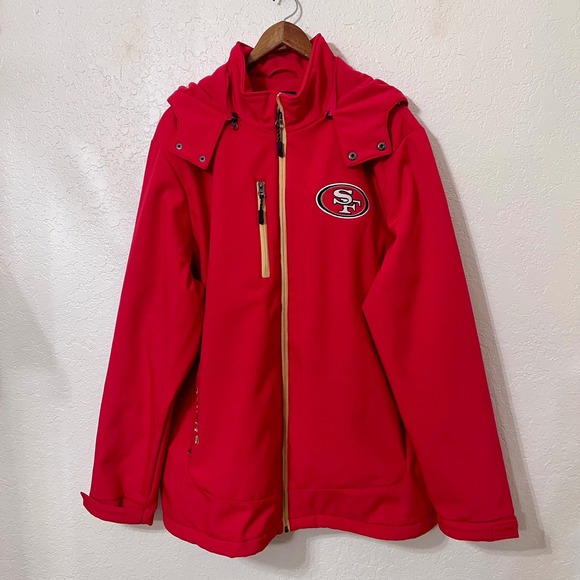 NFL San Francisco 49ers Men XL Red Softshell Jacket Hooded Full Zip Fleece Lined